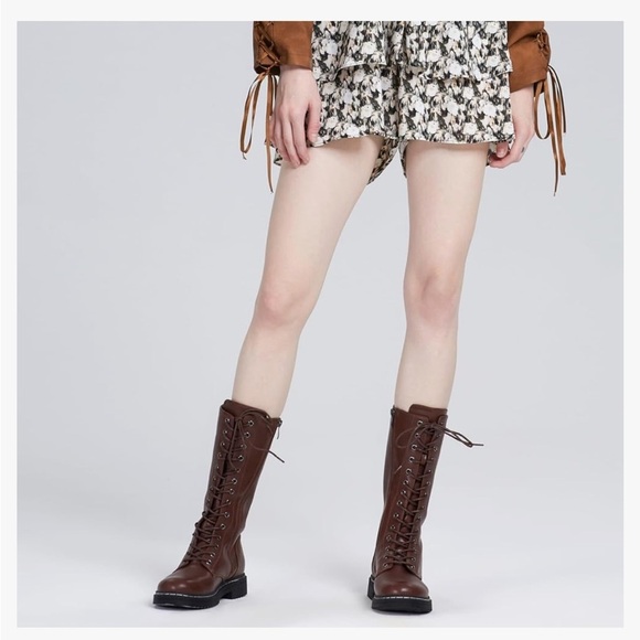 Rollda Combat Boots Mid-Calf  Lace Up Side Zipper Riding Boots Military Boots - Picture 4 of 8